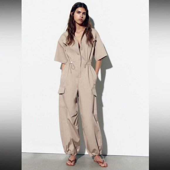 Zara Pants - NWT ZARA Gabardine Jumpsuit Trench Camel Sand Beige Size Small